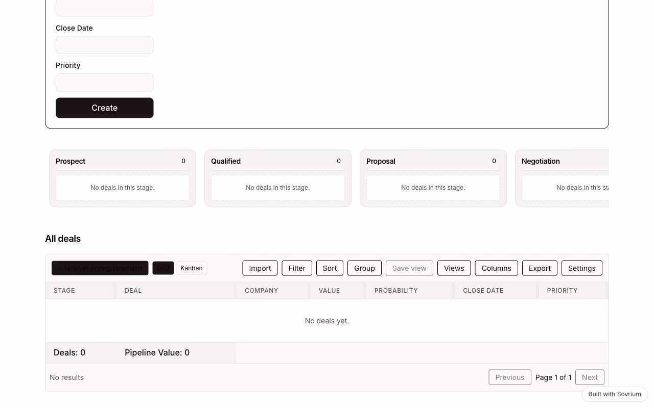 The contacts table of the CRM template, rendered as a running application
