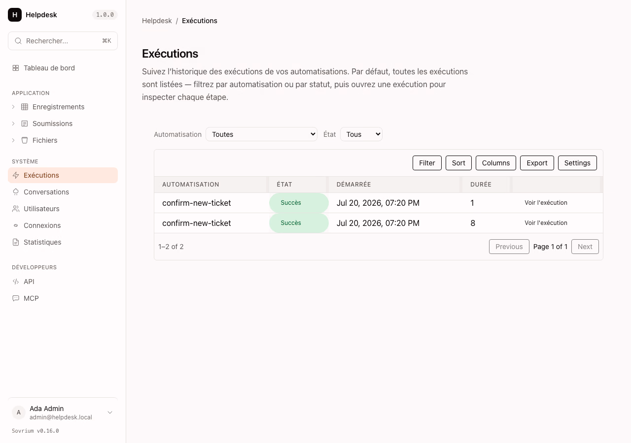 The Runs surface — automation-run history with status badges, duration, and per-automation filters