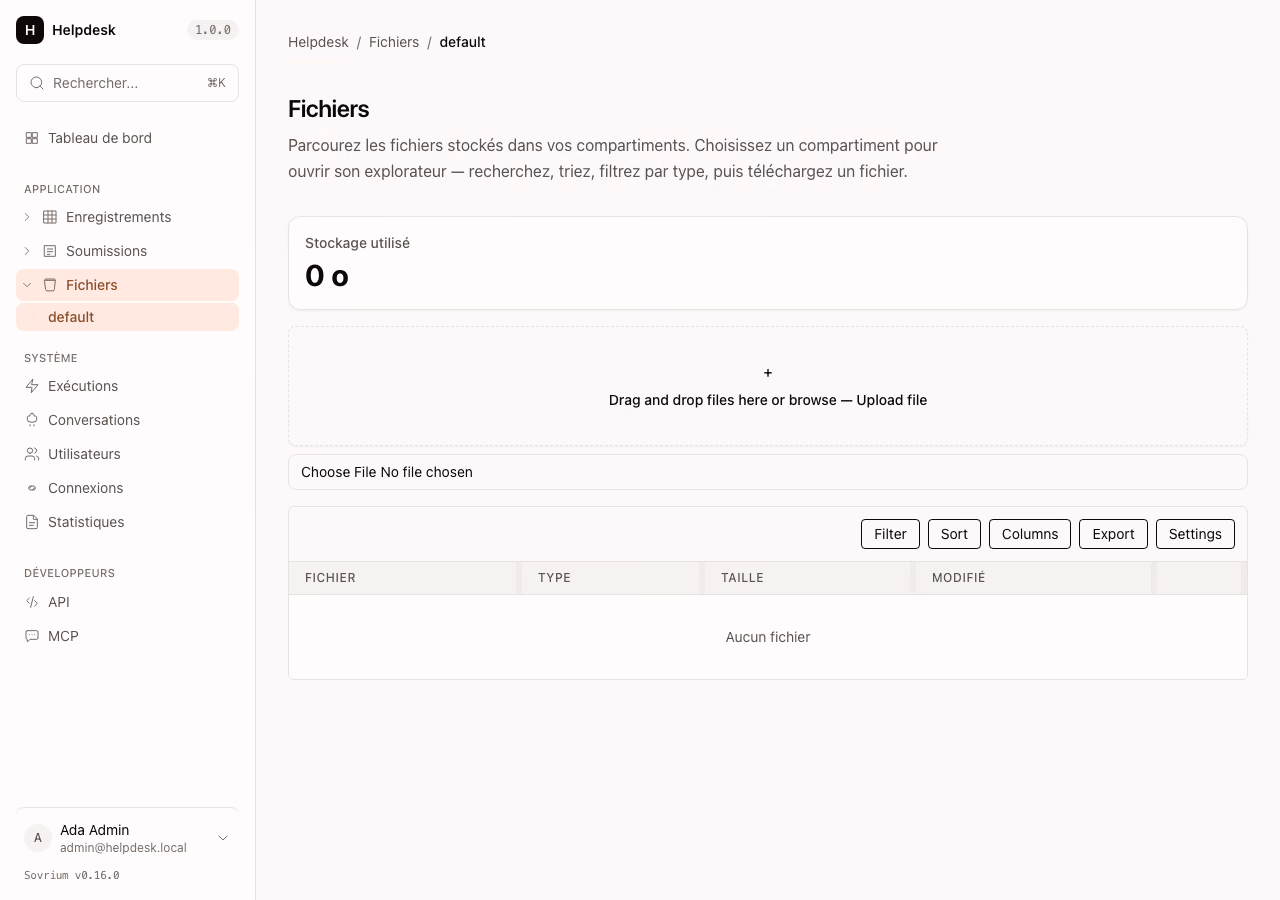 The Files surface — a bucket file browser with a drag-and-drop upload zone