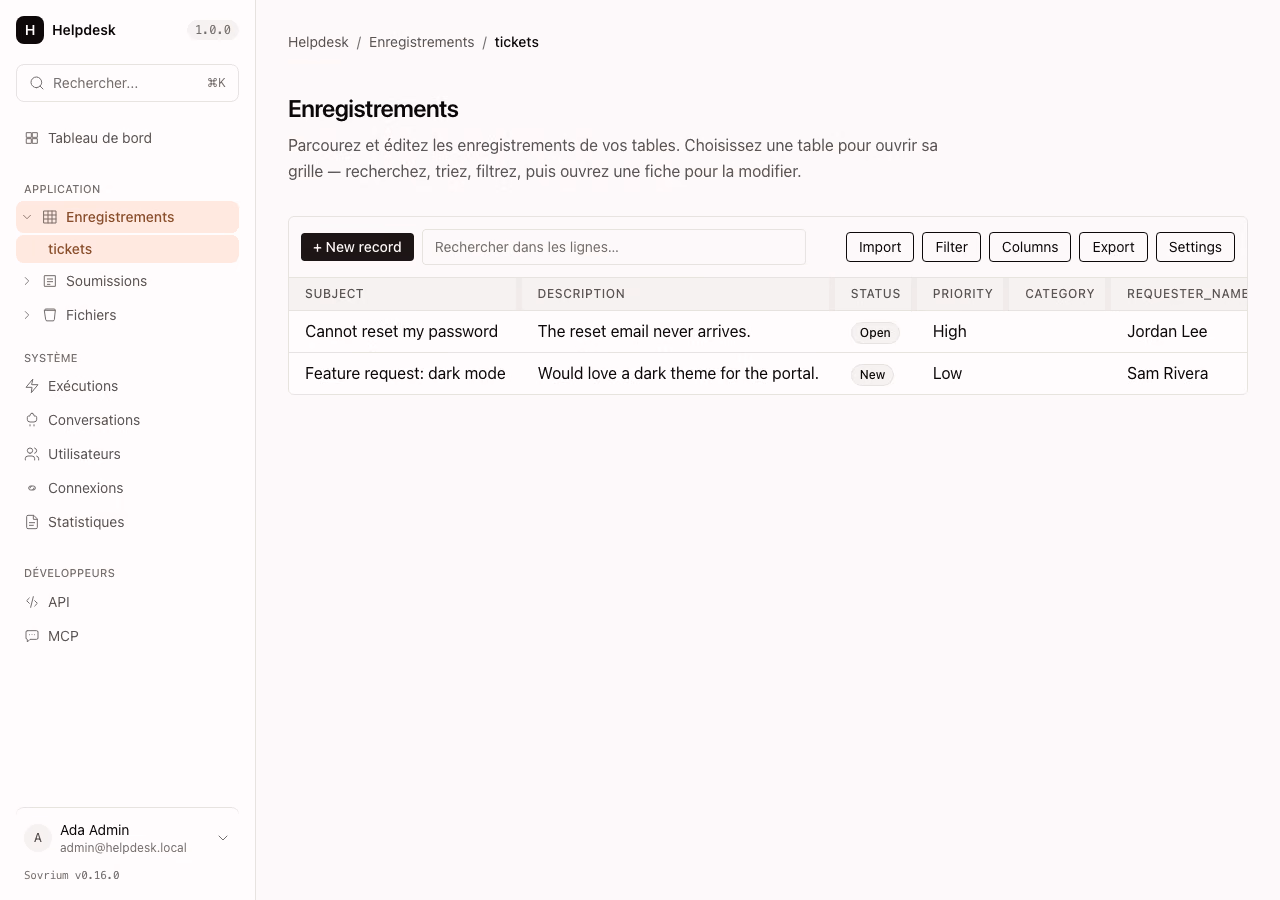 The Records surface — a tickets data-table with sortable columns, status badges, and a records toolbar