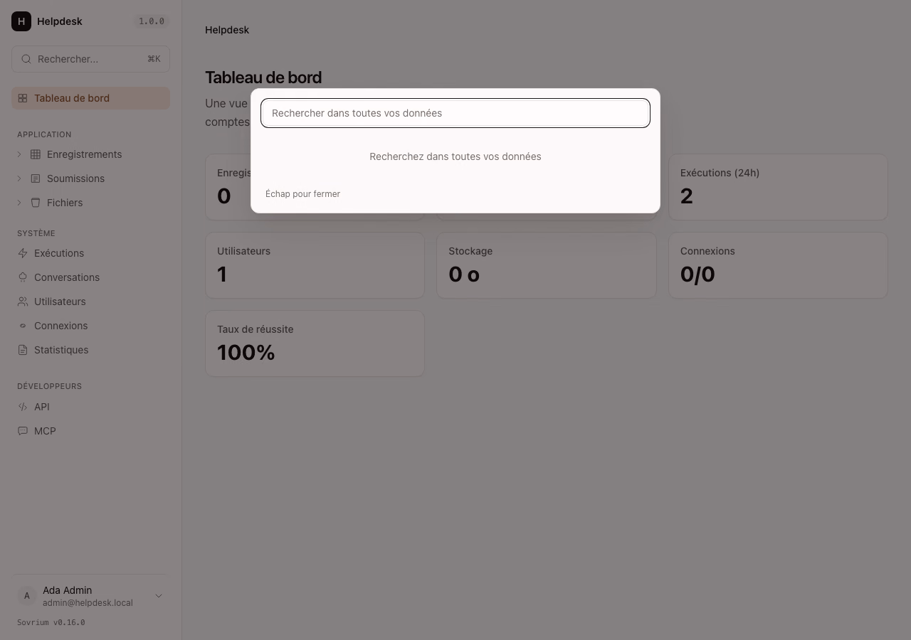 The ⌘K command palette open over the console — a "Search all your data" input