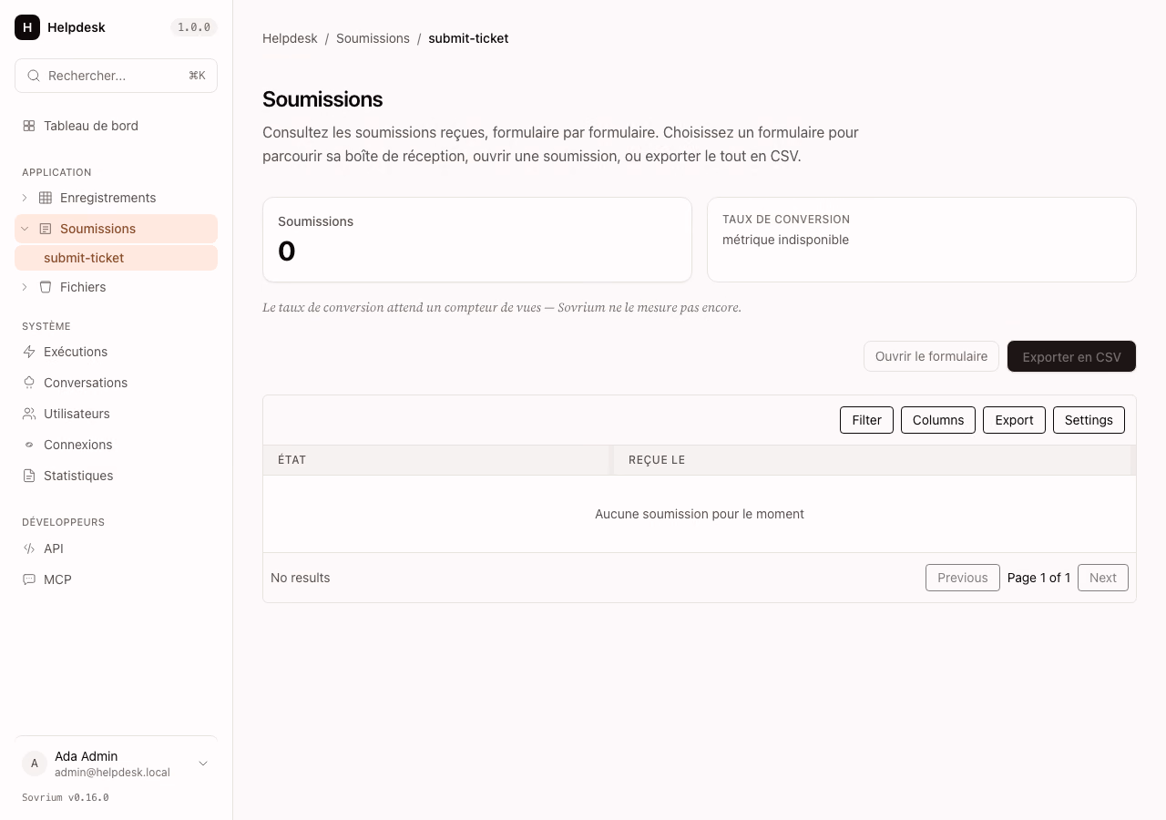 The Submissions surface — a per-form submissions inbox with an empty state and CSV export