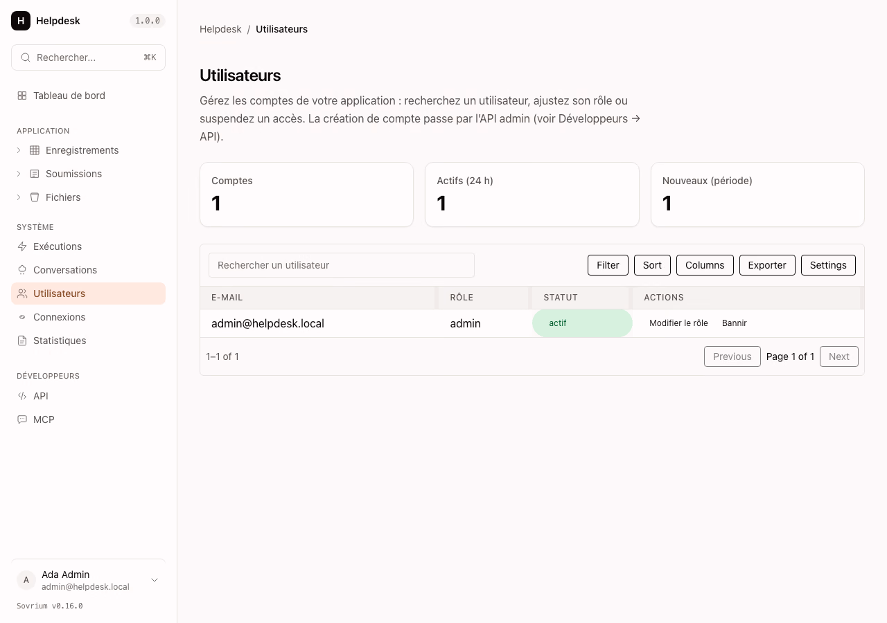 The Users surface — the account directory with role, status, and per-user actions